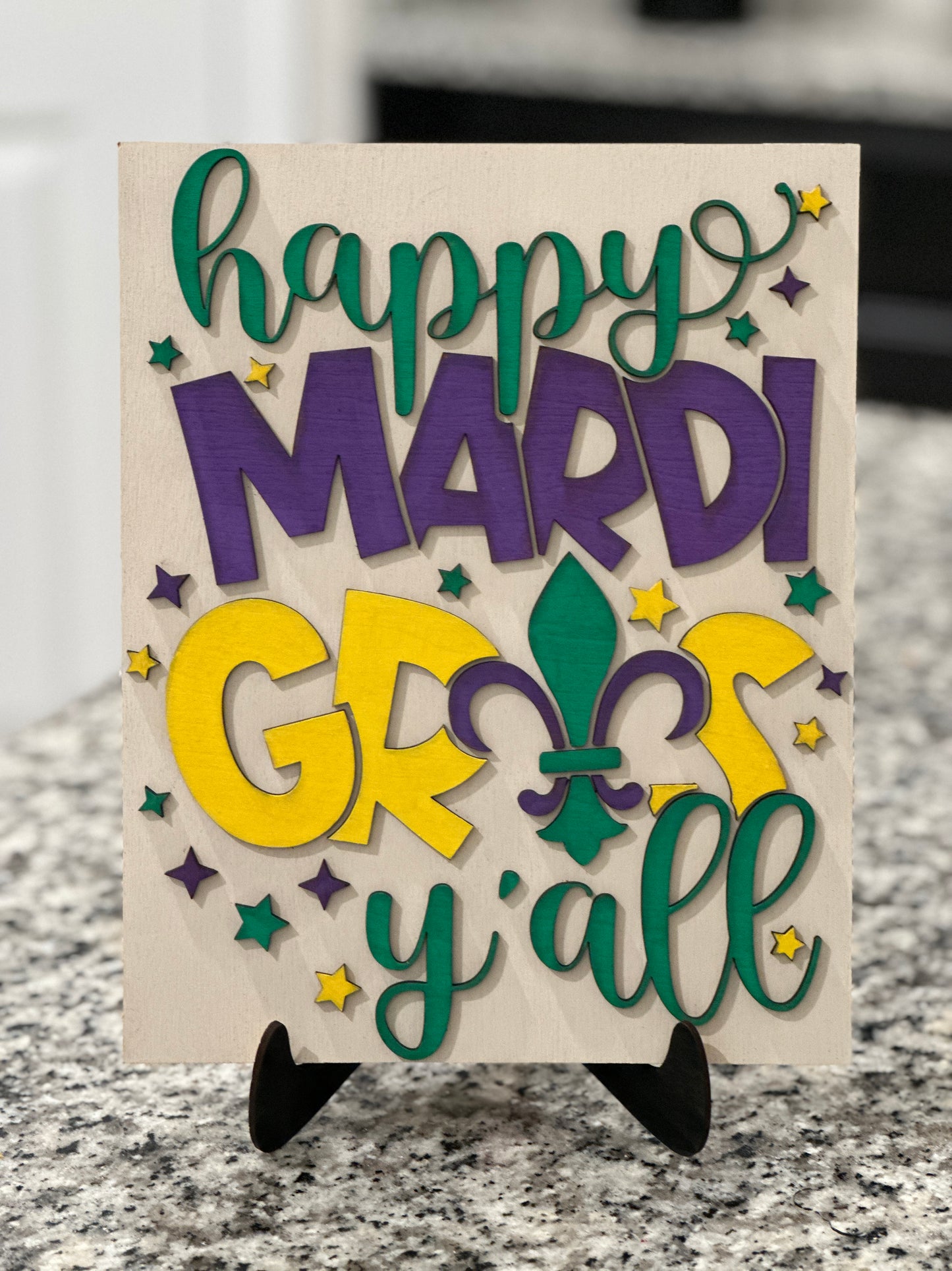 Mardi Gras tabletop sign with wood stand