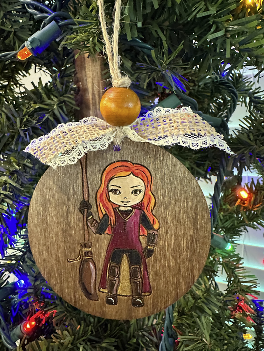 Ornament: Girl Witch G. (HP Inspired) Hand Painted Wood Disc/Ornament