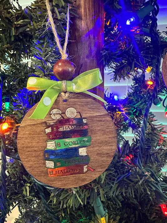 Ornament: Books (HP Inspired) Hand Painted Wood Disc/Ornament