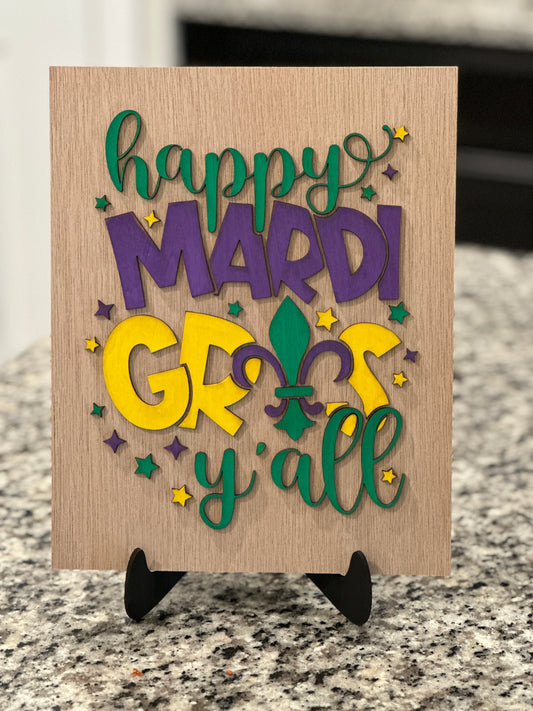 Mardi Gras tabletop sign with wood stand